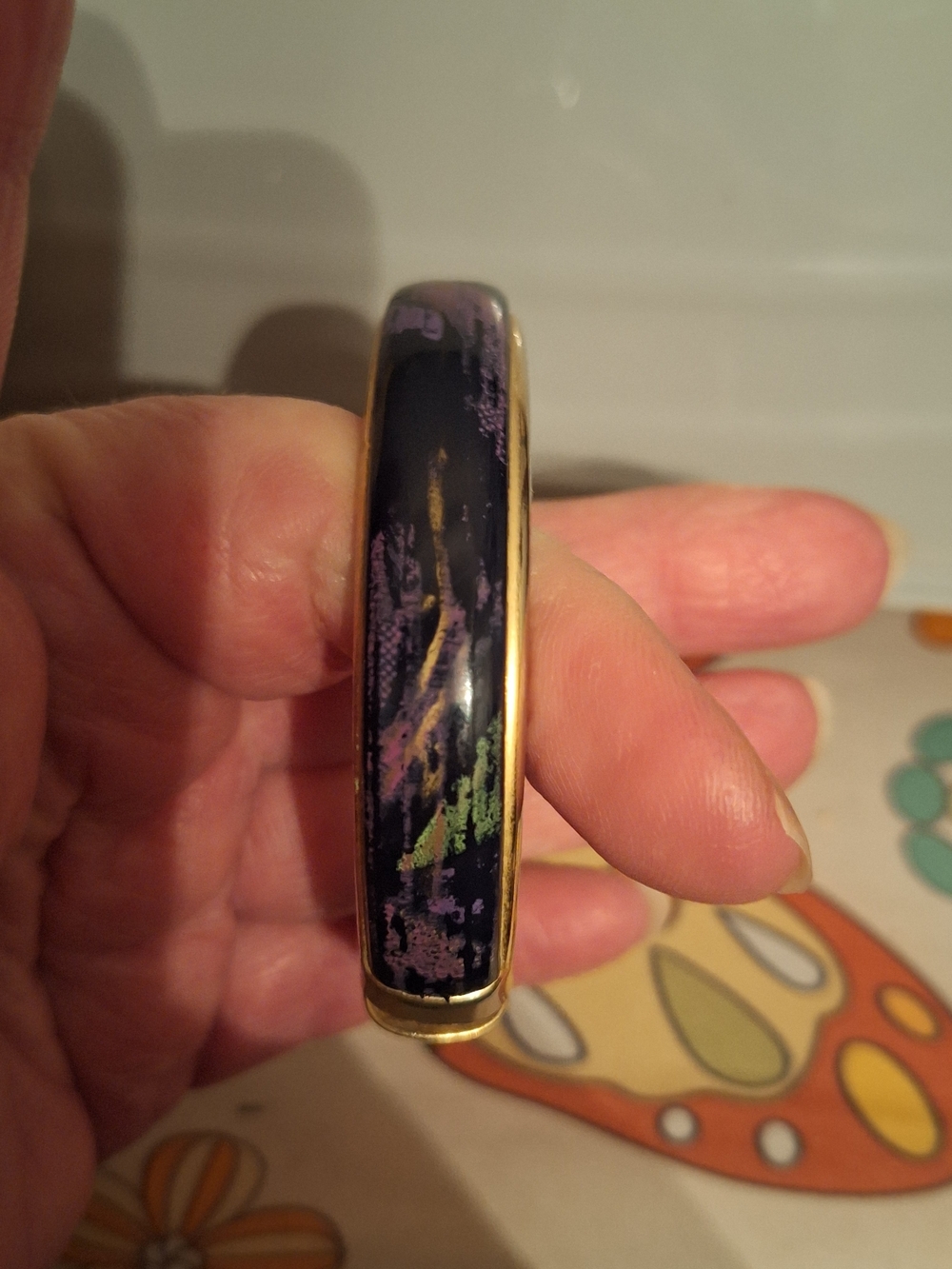 Vintage Gold-Tone Black & Purple Abstract Enamel Bangle Bracelet